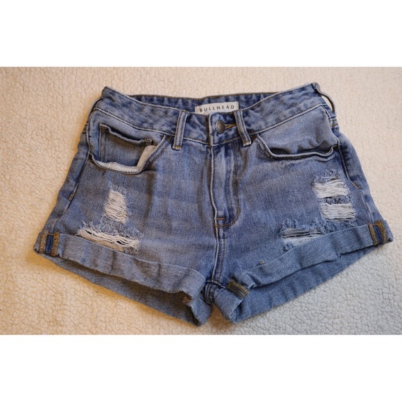 Bullhead Denim Co. Pants - Bullhead Denim Co Womens High Rise Distressed Cuffed Denim Shorts Light Wash 24